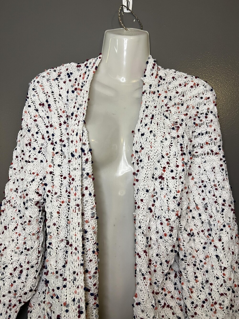 Francesca's Cardigan Sweater Womens Medium White Polka Dot Open Knit Pockets
